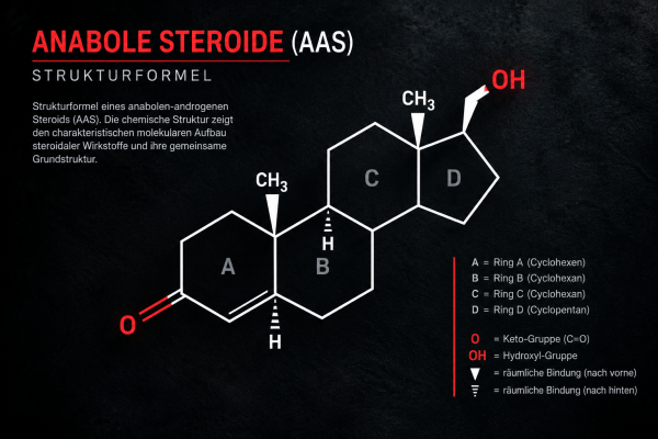 Strukturformel von anabole Steroide auf schwarzem Hintergrund
