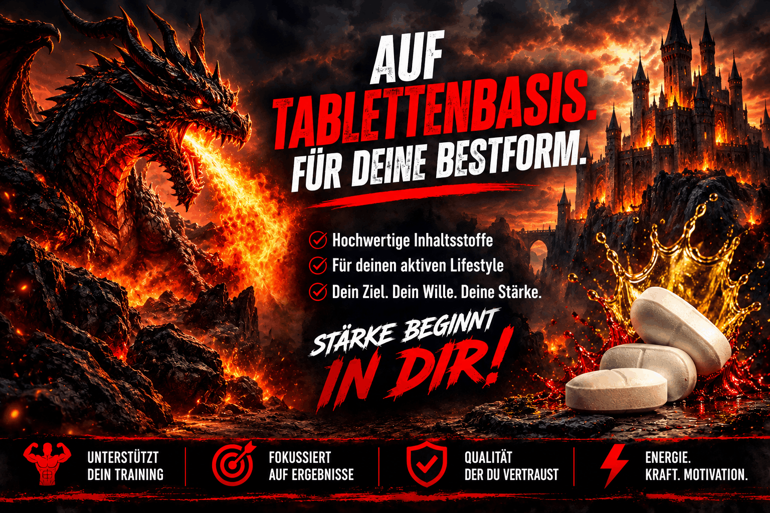 Grafisches Element eines flammenden Drachen der Drachensang Academy zur visuellen Unterteilung des wissenschaftlichen Fachbereichs für anabole Wirkstoffprofile und hochdosierte Tabletten-Formulierungen.