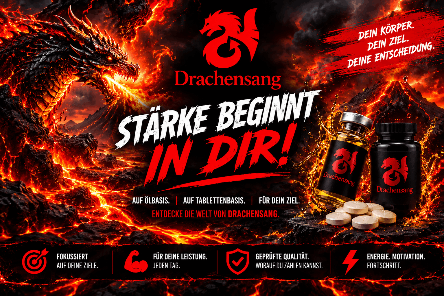 Zentrales Drachensang Academy Markenlogo mit rotem Feuerdrachen auf der deutschen Hauptseite zur strukturellen Kennzeichnung der biochemischen Rohstoff-Evaluationen in Öl- und Tablettenform.