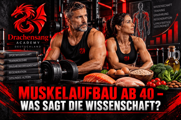 Muskelaufbau ab 40 – Mann und Frau beim Krafttraining im Fitnessstudio mit proteinreichen Lebensmitteln, Trainingswissenschaft und Regeneration | Drachensang Academy Deutschland