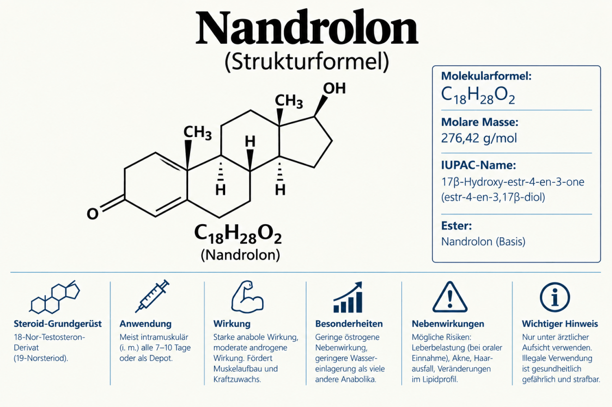 Strukturformel von Nandrolon (19-Nortestosteron) – Molekulare Konfiguration des anabolen Steroids Drachensang Academy